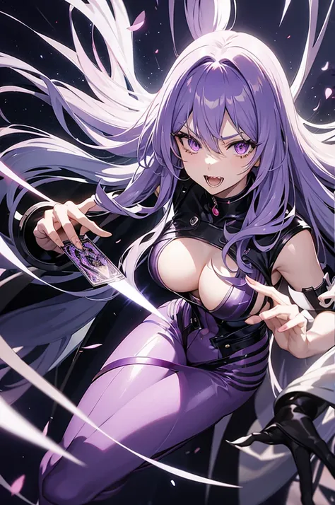 Anime girl purple messy hair teeth fangs wearing futuristic clothes holding metal cards