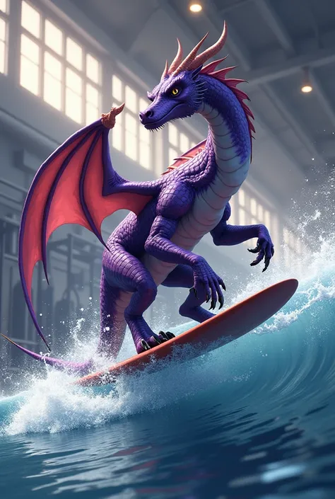 Dragon violet qui fait du surf dans une salle de musculation