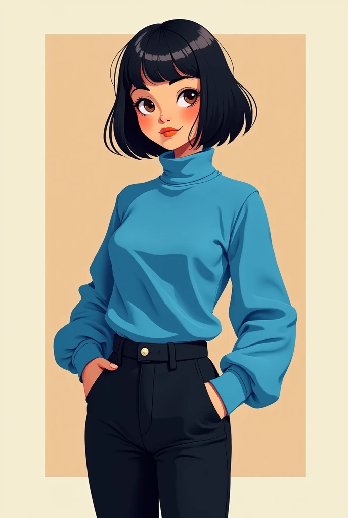 A character with amy rose style,black bob haircut with bangs,brown eyes,a blue turtleneck shirt,black pants, 2d style
