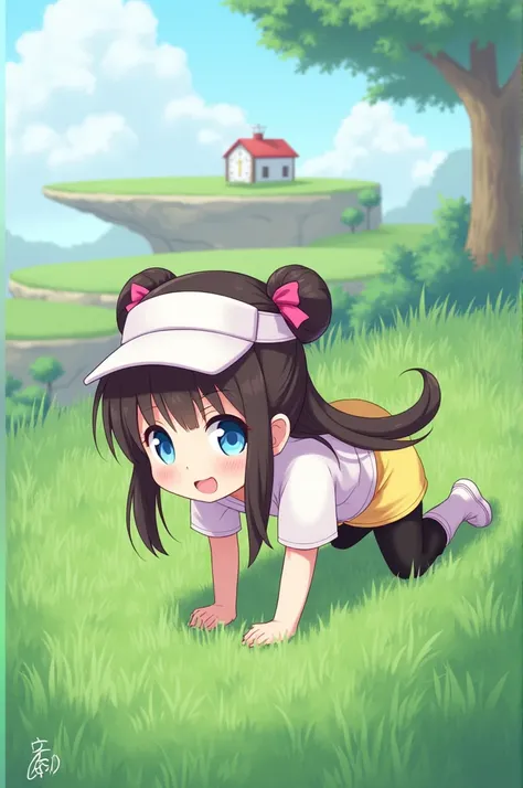 table top、highest quality、High resolution、1 girl、solo、short height、thin legs、belly button、smile、、dark brown hair、bun hair、blue eyes、long twin tails、visor cap、((black tights、boots))、raglan sleeves、((short yellow shorts))、shirt、pink ribbon、clock、plateau、Over...