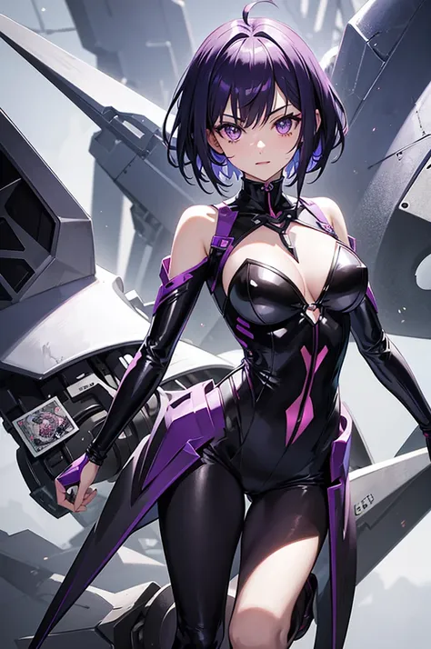 Anime girl purple messy short hair teeth fangs wearing futuristic clothes holding metal cards