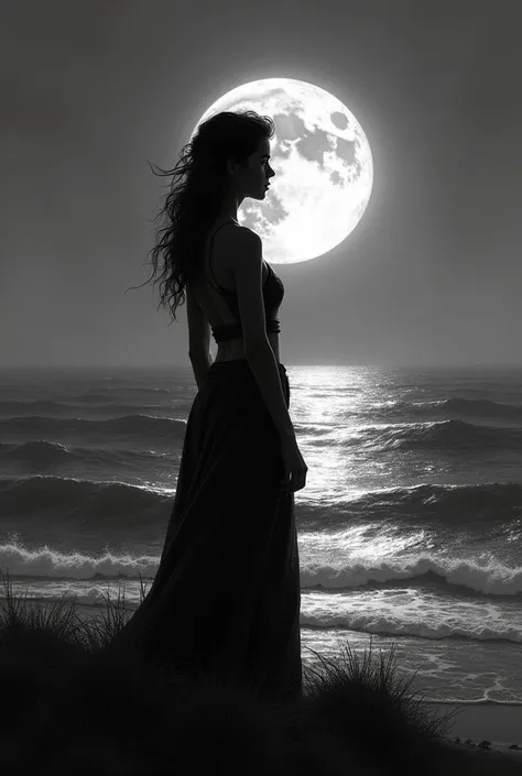 Silhouette of a rancher woman looking at the sea and the moon is reflected on it, black and white must be signed.like Nicole Simone