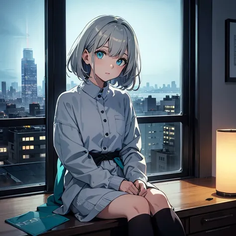 (masterpiece), best quality, turquoise eyes, light gray hair, expressive eyes, Hello, Sitting in a high-rise apartment room, night sky, cityscape, looking at viewer, city lights, window, highlight, dramatic lighting, Calm face,