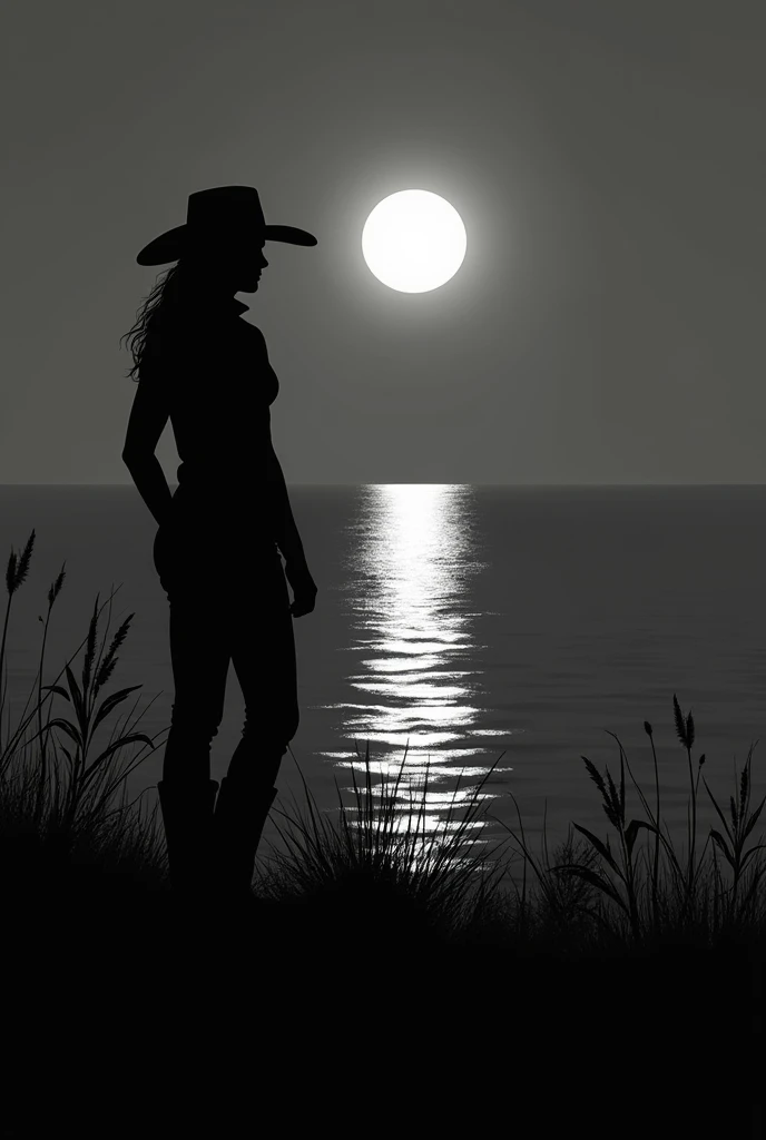 Silhouette of a rancher woman looking at the sea and the moon is reflected on it, black and white must be signed.like Nicole Simone not so thin