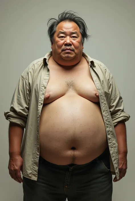 A scruffy middle-aged man with belly fat，Greasy and fat，Asian young man