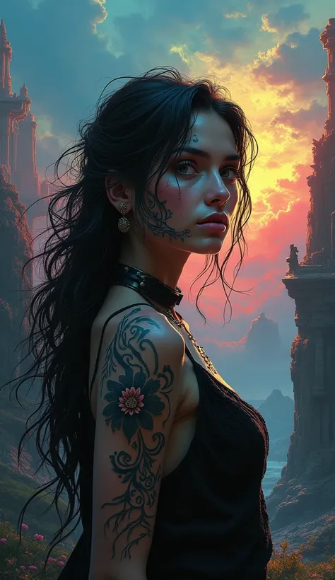 (monochrome:1.3), black and white photography, dark theme, (realistic, photo-realistic:1.37), (oh, woman), woman with tribal tattoos on face and neck, realistic, cowboy shot, fantasy world, vibrant colors, dramatic lighting, oil painting style, mystical at...