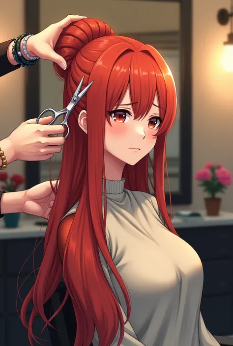 Kushina uzumaki come at barber shop with bun hair ,1 st girl, kushina uzumaki , age 18 year old , barber shop interior, beautiful detailed hair in bun, kushina uzumaki looking at mirror, barber opening kushina uzumakis bun hair, barber comdin kushinas long...