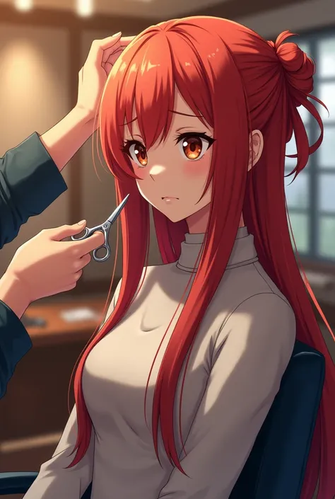 Kushina uzumaki come at barber shop with bun hair ,1 st girl, kushina uzumaki , age 18 year old , barber shop interior, beautiful detailed hair in bun, kushina uzumaki looking at mirror, barber opening kushina uzumakis bun hair, barber comdin kushinas long...