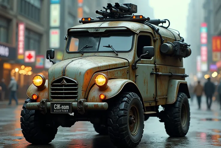 Cyberpunk Citroen vintage armored tuk-tuk、Heavily armed、Shallow depth of field、(masterpiece:1.3) (最high quality:1.2) (high quality:1.1)、Cinematic Light, ((Cinema Lighting),(Natural light),(High level of artistry),(artistic),(Indistinguishable quality from ...