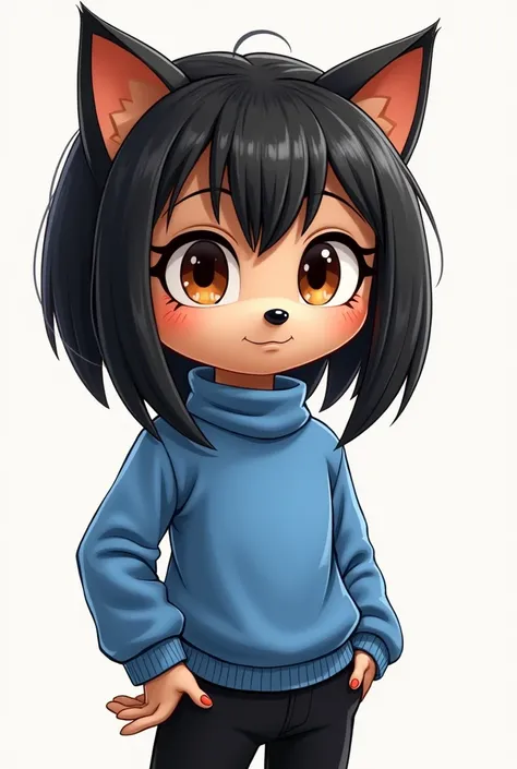 A female hedgehog like amy rose style,black bob haircut with bangs,brown eyes,a blue turtleneck shirt,black pants, 2d style
