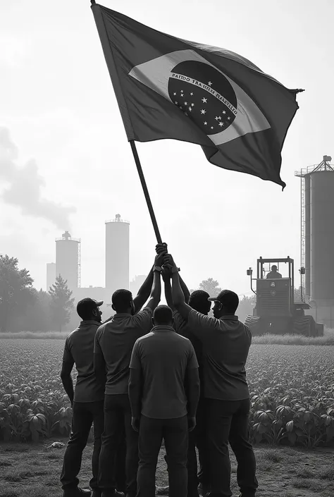 Workers raising the Party flag "PTB" in black and white in a prosperous Brazil with high-tech green agriculture in the background with modern agricultural machinery, cooperatives and statues with symbols of laborism