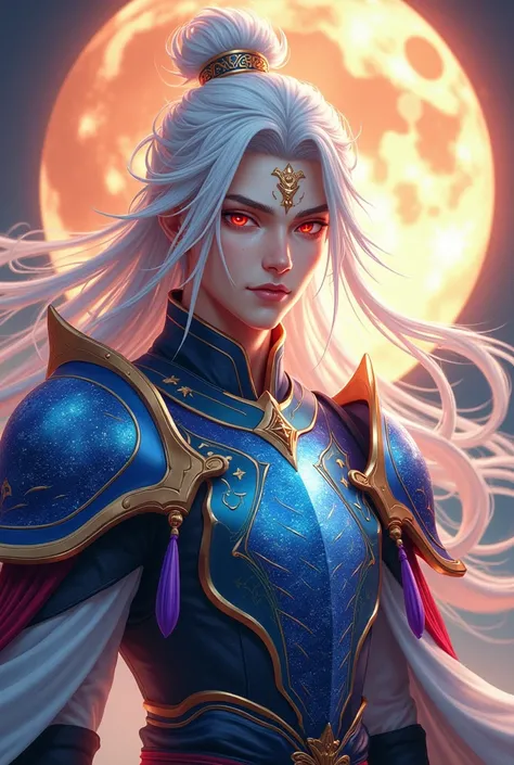 Handsome young xianxia protagonist,man,guy,long silver hair, Crimson red and golden amber eyes combination ,and long silver hair with white undertone,and the golden rune motiv  scratched on his forehead,use armour featuring like pattern on furr of white Ti...