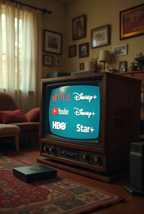 an old tv with netflix logos, you tube, Disney plus, HBO, star plus. put a tv box on the side

