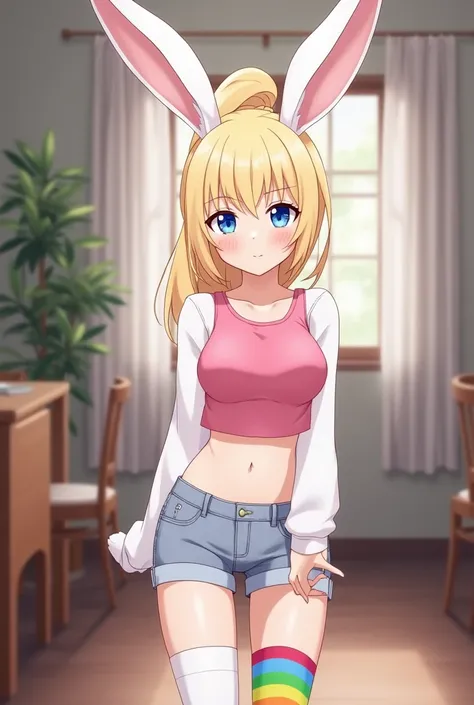 female, anthropomorphic rabbit, white fur, blue eyes, solo, blonde hair, ponytail, straight bangs, blue eyes, short, curvy body, flat chest, pink croptop, shorts, rainbow thigh high, indoors, en una sala amueblada, highly detailed, realistic, fotografía ce...