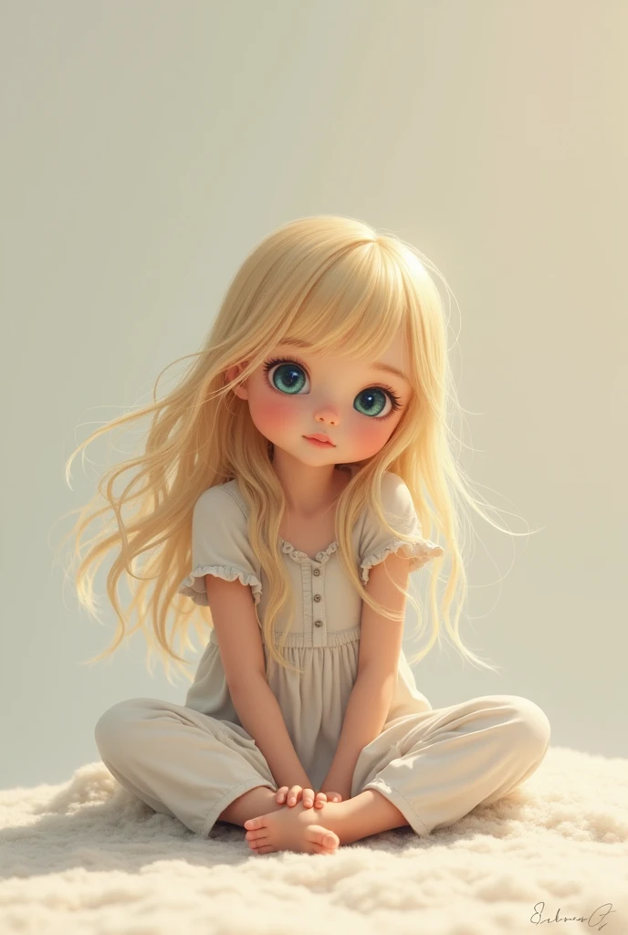 a  child sitting, she has blue eyes and blonde hair