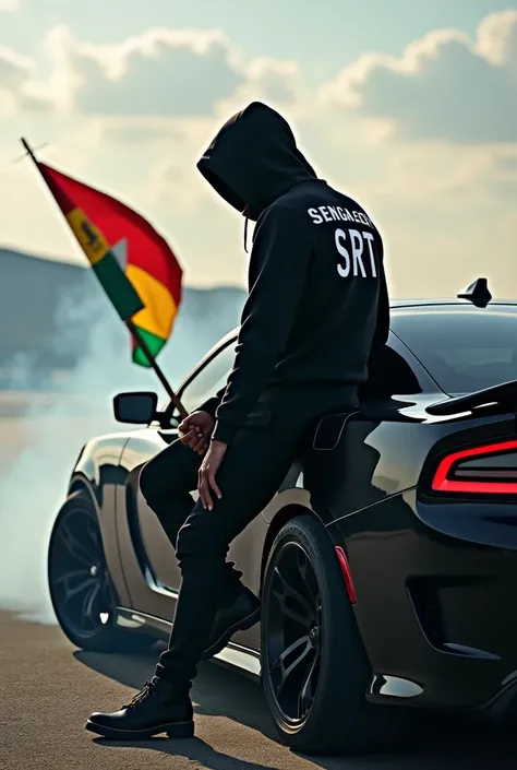 Je veux créer limage dun gars qui est assis le rebord gauche arrière de la portière dune Dodge charger srt qui est entrain de faire un drift. Le gars en question tient le drapeau du Sénégal 🇸🇳.Le gars porte un pull à capuche noir. Il porte le capuchon du p...