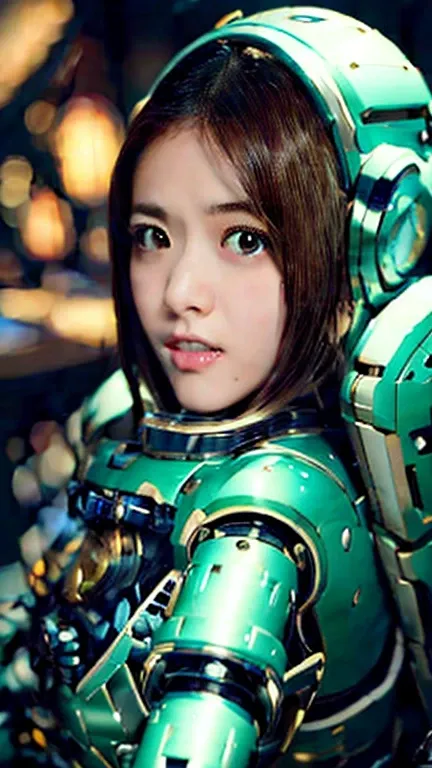 Wide-angle shot, 1 female, Mecha, Dark Eyes, Very cute face, (Realistic:1.37), バイオMechaニカル, Spaceship interior bokeh background, Ultra-realistic, Very detailed, Very intricate details, Beautiful woman in focus