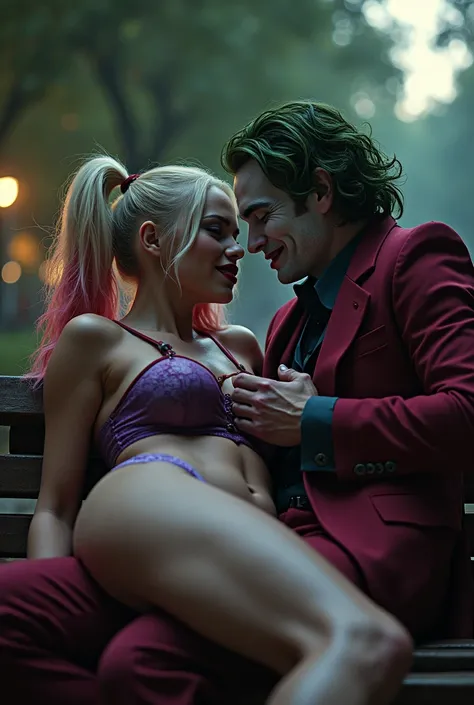 Cinematic image shot from below of Harley Quinn with colorful hair, huge breasts and thick thighs sitting on the jokers lap facing forward on a park bench with her open legs locked onto him and zooming in on her purple lace panties. And the joker is pullin...