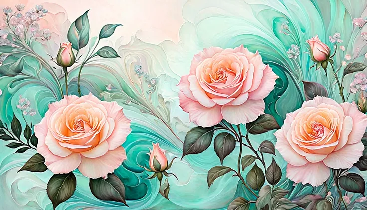 whimsical fantasy elegant rose floral botany minimalism with a wave of flowers garden flowing flowers floating in hazy pastel pi...