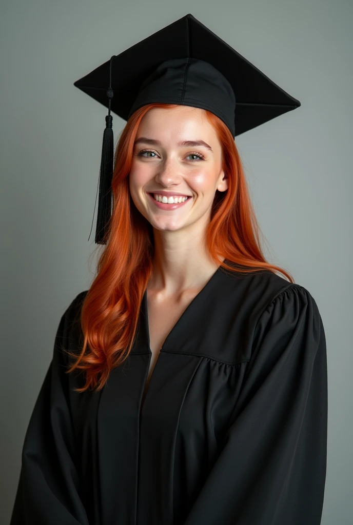 a professional image of a red-haired woman in graduation gown and cap