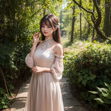 Wear long dresses， princess dress，formal dress，Small dresses，floral dress，elegant，Fairy，heavy dress，gauze skirt dress, puffy skirt, chiffon material，Puff sleeves，High neck，(knee shot), elegant，1 woman, On the face, light brown hair, blunt bangs, hair behin...