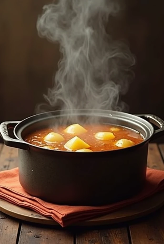 Image with a pan, broth and potatoes inside the broth 
