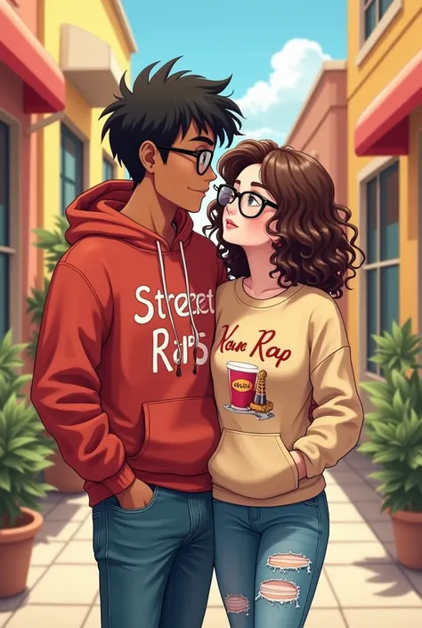 Cartoon couple anime style, white girl brown curly hair, He wears a red hoodie and ripped jeans, she&#39;s short, Her boyfriend is tall, has cinnamon skin, straight black hair, wears a beige sweater with a street rap print, both characters wear black glass...