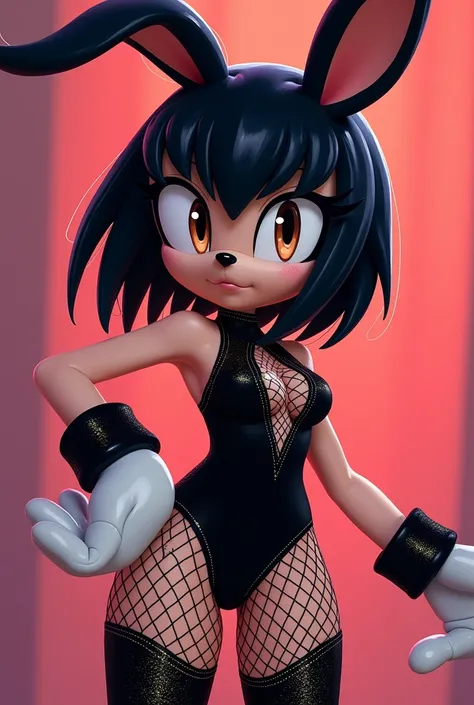 A female hedgehog like amy rose style,black bob haircut with bangs,brown eyes,a sexy black  rabbit suit with glitter and fishnet, Sonic the hedgehog 2d style
