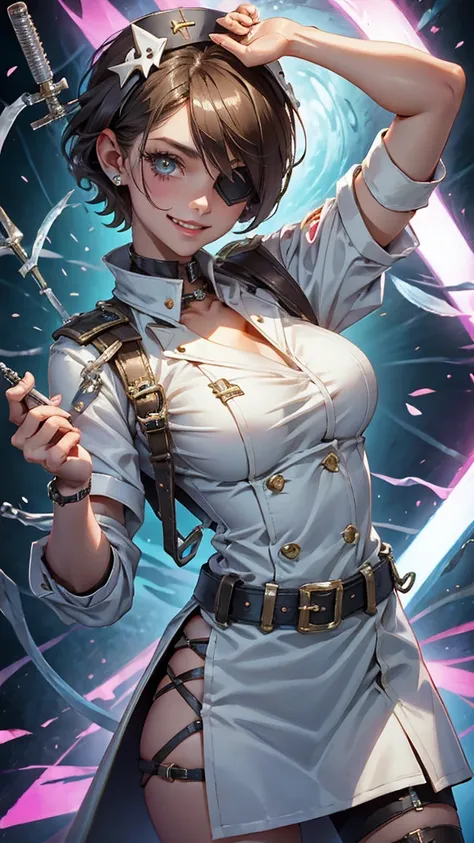 A beautiful girl wearing a white high-necked punk nurse uniform（20th Generation）Short hair, an eyepatch on one eye, a syringe in one hand, and a crazy smile.