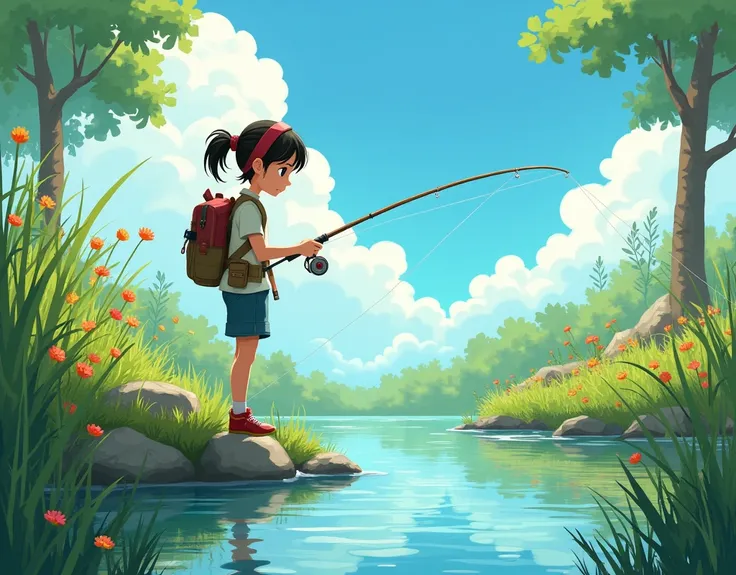 A girl is fishing along the banks of a spring creek