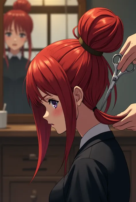 Kushina uzumaki come at barber shop with bun hair ,1 st girl, kushina uzumaki , age 18 year old , barber shop interior, beautiful detailed hair in bun, kushina uzumaki looking at mirror, barber opening kushina uzumakis bun hair, barber comdin kushinas long...