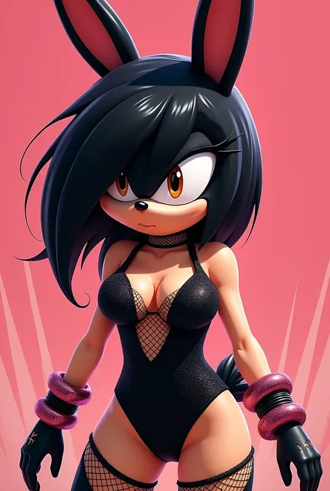 A female hedgehog like amy rose style,black bob haircut with bangs,brown eyes,a playboy black  rabbit suit with glitter and fishnet, Sonic the hedgehog 2d style
