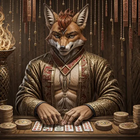 a red-haired fiery fox, playing mahjong.
a sly expression on his face.
he's winning.
in the style of chinese folk illustrations ...