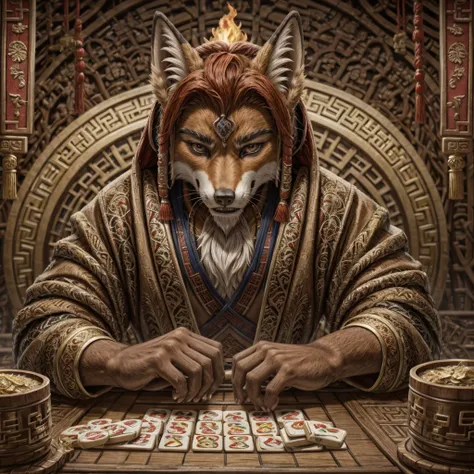 A red-haired fiery fox, playing Mahjong.
A sly expression on his face.
Hes winning.
In the style of Chinese folk illustrations .
The fox is a man 