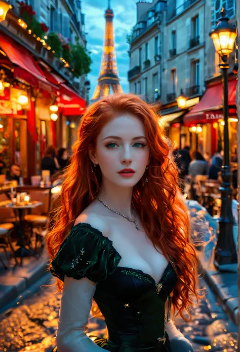 A breathtaking woman, full body photo, adorned with flaming red hair that falls over her shoulders, emerald green eyes sparkle with a supernatural allure, captivating the eyes of any observer. A charming redhead with an hourglass silhouette, parading elega...