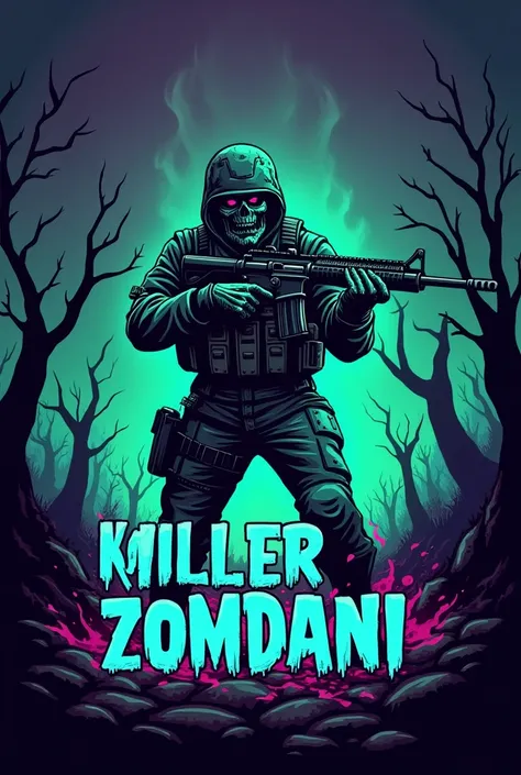 A LOGO, composed of a zombie soldier emerging from the ground with a rifle in his hand. With phosphorescent green and purple colors. 
With the name KILLERZOMDANI in bright blue. 
