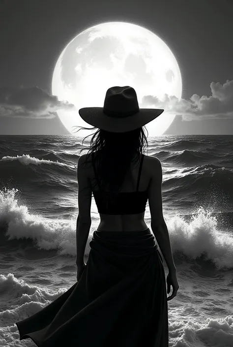 Me.You can generate a logo where a rancherita with a hat appears looking at the.rough sea,  The brand is called Nicole Simone,  The moon must appear reflecting the sea in black and white,  Woman 1.70 height and medium build
