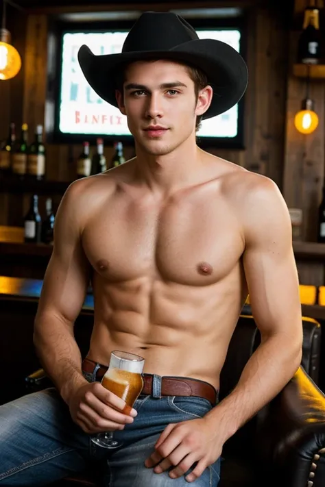 Young handsome cute beautiful skinny white face without shirt in a cowboy bar sitting on an armchair black hat black clothes serving shots of beer