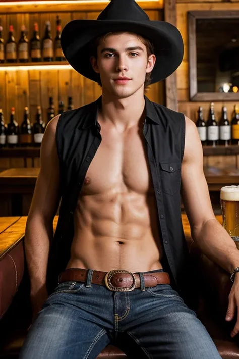 Young handsome cute beautiful skinny white face without shirt in a cowboy bar sitting on an armchair black hat black clothes serving shots of beer