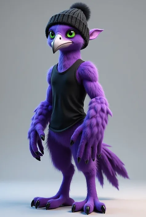 anthro, avian, avian humanoid, beak, purple body, purple feathers, black beanie, green eyes, furry, black tank top