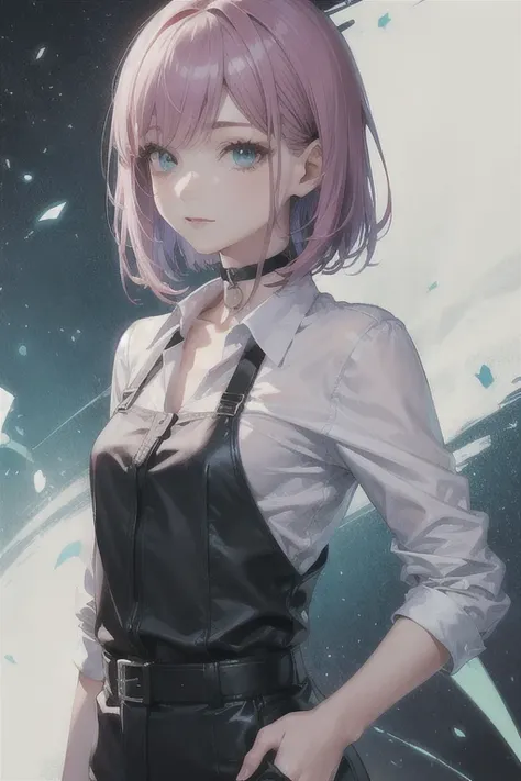 (Highest quality)、(Highest quality)、Reze、Chainsaw Man、cute、(choker).eyes are emerald、Her hair is purple、Short Bob、