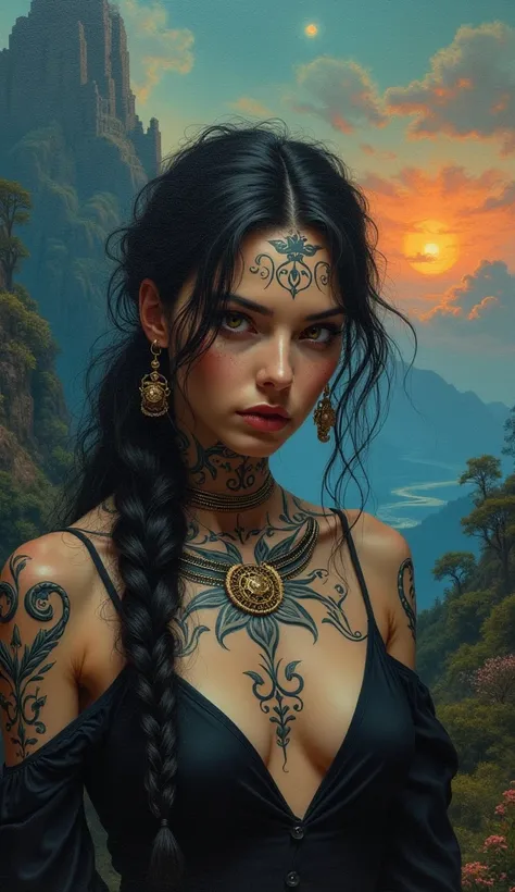 (monochrome:1.3), black and white photography, dark theme, (realistic, photo-realistic:1.37), (oh, woman), woman with tribal tattoos on face and neck, realistic, cowboy shot, fantasy world, vibrant colors, dramatic lighting, oil painting style, mystical at...