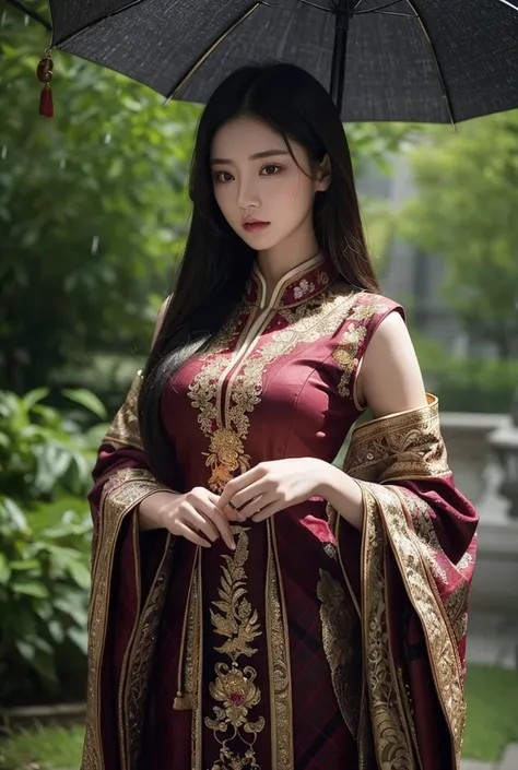 
Asian woman in a luxurious, ornate traditional outfit, with detailed facial features of a random race, portrayed as a beautiful necromancer. The scene is set in a raining landscape, with intricate plaid patterns subtly woven into the outfit and the enviro...