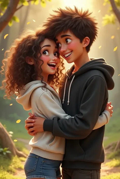 a short fuzzy wuzzy hair girl wearing a white hoodie with a denim jean skirt,hugged behind by a curly hair tall boy wearing a black hoodie,they are laughing like a couple,make it realistic