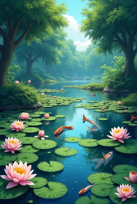 A pond with lilies in Studio Ghibli style
