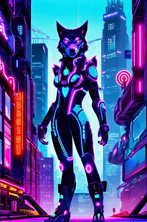 In a neon-lit, futuristic cityscape, a sleek and agile cybernetic wolf prowls through the shadows. Its fur is interwoven with glowing blue circuits, and its eyes pulse with a vivid red hue, scanning the surroundings with an eerie precision. The city around...