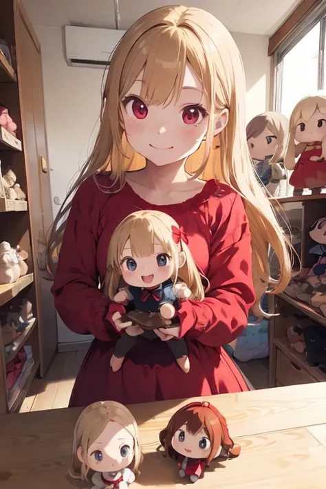 1 female, , red long sleeve dress, blonde long hair, rosa cheeks, younger body, doll store, playing a dolls, happy face