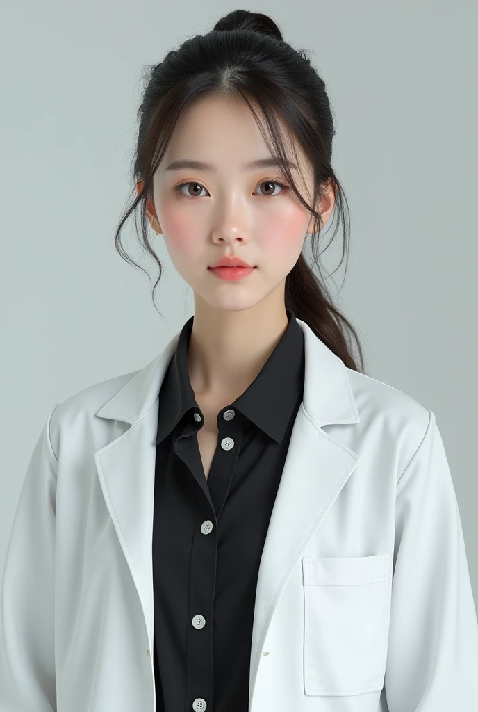 (photorealism:1.2) girl wearing white doctor blazer with black inner buttoned shirt, hair back ponytail, passport photo with face and body facing straight forward, not at an angle, front view face and body, half body photo, 