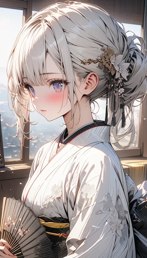 Beautiful kimono girl, White hair tied up with a gorgeous hairpin，Holding White lace folding fan, Beautiful lace fan, indoor, White lace, Very delicate lace, best quality, 4K, 8k, Very detailed, High Detail, masterpiece