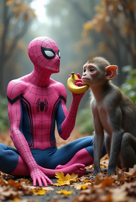 Pink Spider-Man eats a banana in front of a two-headed monkey